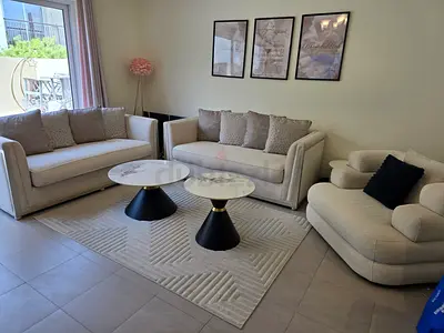 Light beige 3-piece living room sofa set with armchair and coffee table