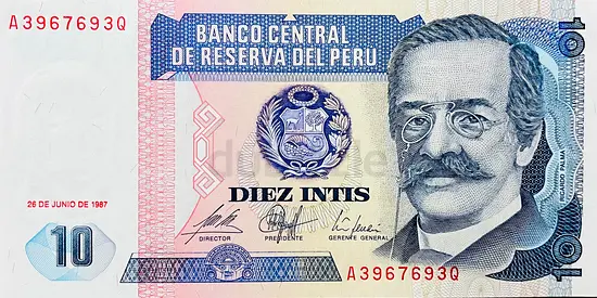 PERU 10 INTIS BANKNOTE CURRENCY OF PERU