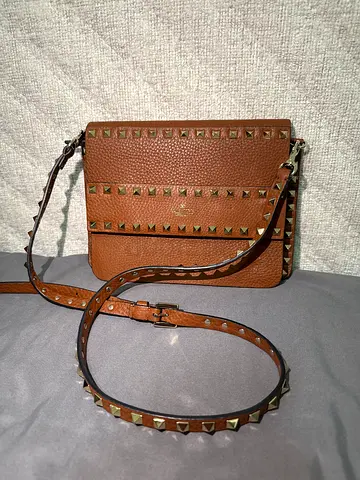 Brown leather studded crossbody bag - adjustable strap