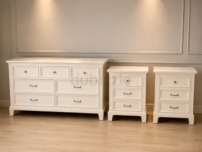 White Bedroom Set Including Large Dresser and Two Nightstands