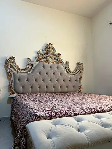 Ornate Classic Upholstered King Bed Frame with Carved Headboard