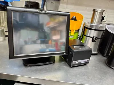 Used POS touchscreen monitor with receipt printer and accessories