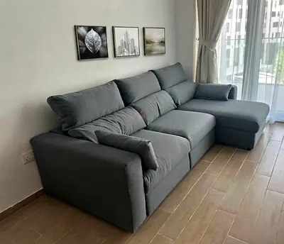 Customizable L-shape sofa bed with premium fabric, storage compartment, and left/right configuration