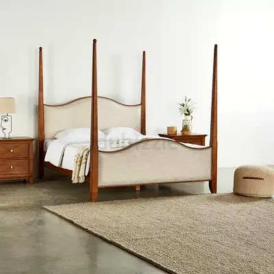 Four-Poster Wooden Bed with Upholstered Headboard - King Size with 2 nightstand and 1 dresser