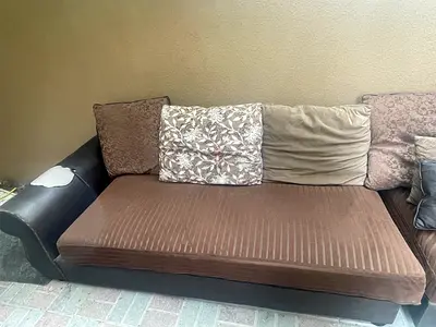 3-Seater Brown Fabric & Faux Leather Sofa - Good Condition