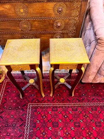 Pair of Handcrafted Brass Inlaid Side Tables - Vintage Style