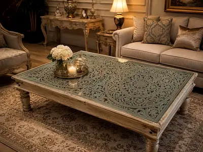 Vintage carved wooden coffee table with glass top - solid sturdy build