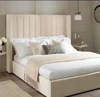 New Upholstered King Bed Frame with Tall Padded Headboard - Cream