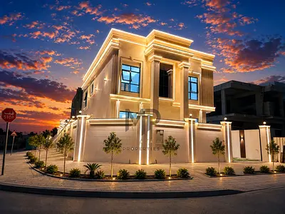 A luxurious 5-bedroom classic corner villa with a stone facade and high-end finishes, strategically