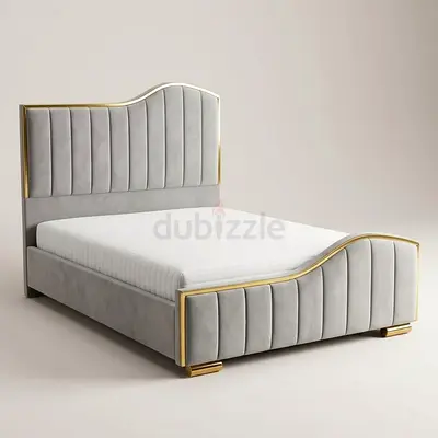 Grey Velvet Double Bed with Gold Trim - Contemporary Frame