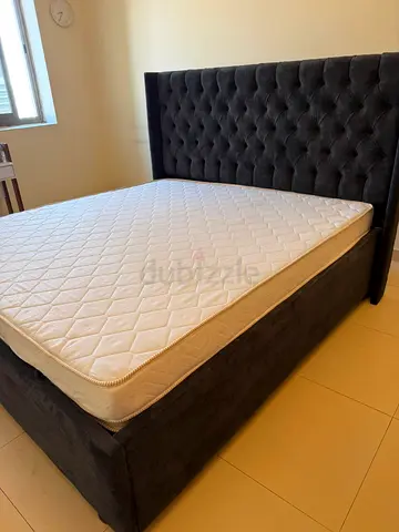 Queen upholstered tufted bed frame with mattress - dark grey
