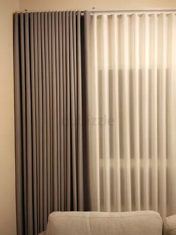 Pair of Grey Blackout Curtains with Sheer Panels –
