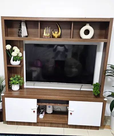 Wooden TV Entertainment Unit with Shelves and Cabinets. Tv and showpieces excluded.