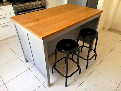 MOVING SALE! IKEA TORNVIKEN Kitchen Island (Grey Oak) + 2x RÅSKOG Black Bar Stools