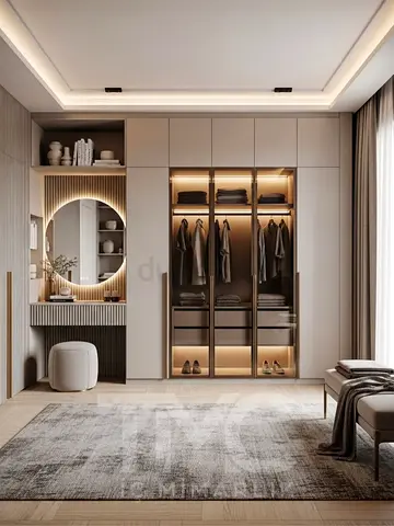 Modern Built-in Wardrobe with LED-lit Glass Doors