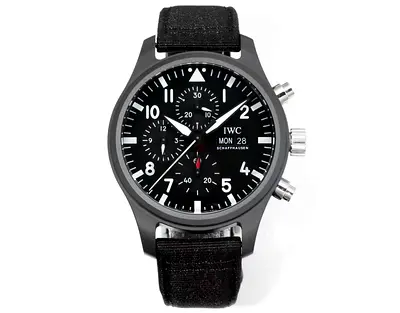 This is likely an IWC Pilot's Watch Chronograph Top Gun featuring a matte black ceramic case and a t