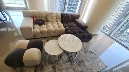 Modular tufted 3-seater sofa with ottoman and nesting coffee tables
