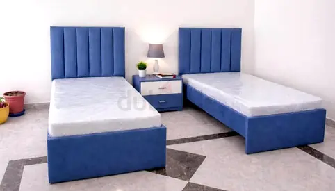 Pair of Blue Single Beds with Headboards and Storage (Set of 2)