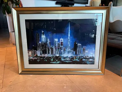 High-end Framed Dubai Night Cityscape Print with Gold Frame, 95x70cm