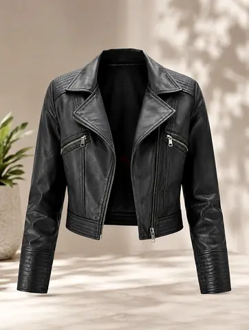 Black Leather Biker Jacket - Women's Siz (Genuine Look)