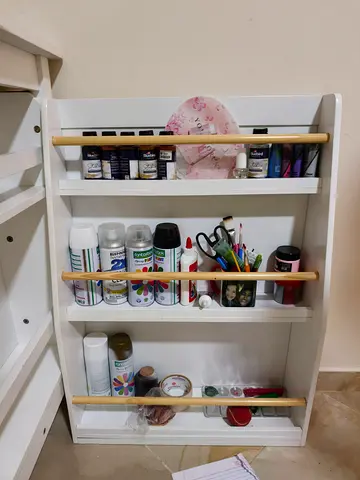 White study table with chair, wall shelf and side shelf. In excellent condition.