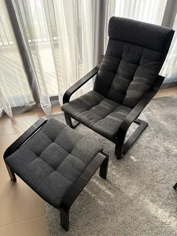 IKEA POÄNG Armchair and Footstool with Black-Brown Frame and Dark Gray Cushion - Good Condition