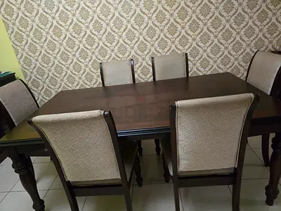 Solid Wood 6-Seater Dining Table with Upholstered Chairs