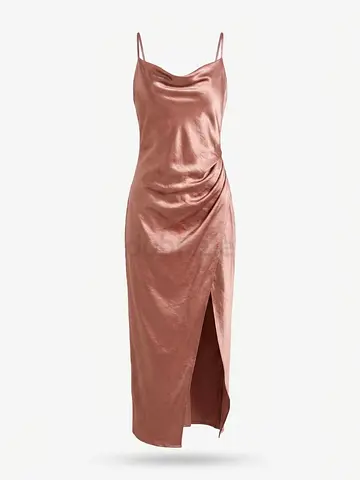 Satin Rose Gold Slip Dress with Side Slit