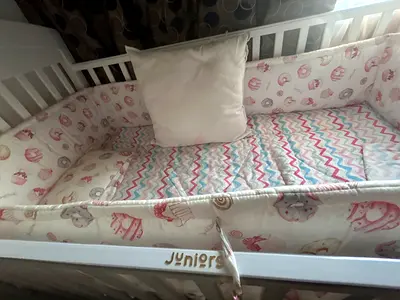 Juniors White Wooden Baby Crib with Bedding Set