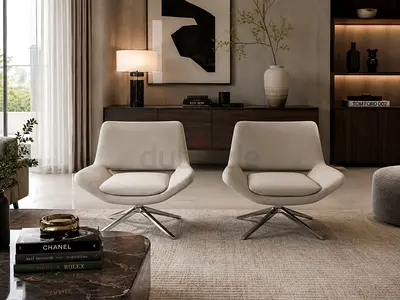 BB Italia Pair of modern swivel lounge chairs - beige fabric, metal base