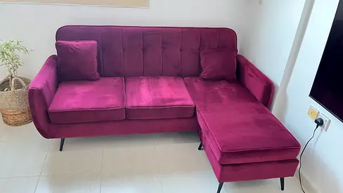Maroon Velvet L-shaped Sofa with Chaise - Good Condition