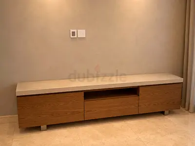 Low wooden TV console / media unit with stone top - good condition