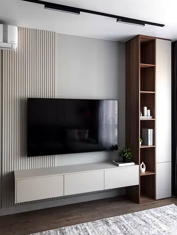 Modern wall-mounted TV unit with tall shelving (unit only)