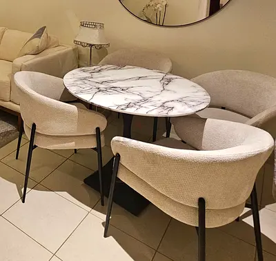 Round white Marble look dining table with 4 chairs