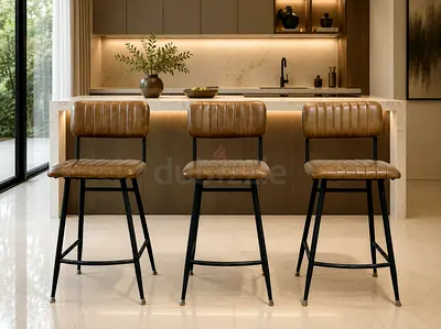 Set of 3 Leather Bar Stools with Backrest - Brown, Metal Legs