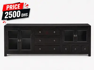 Solid Wood TV Cabinet / Sideboard with Glass Doors and Drawers - Dark Finish