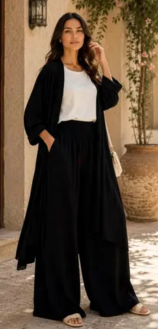 Lightweight Long Duster Cardigan and Wide-Leg Trousers Set - (Free Size)