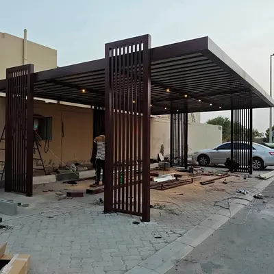 Metal Pergola / Carport Structure - Modern Slatted Roof, Dark Brown
