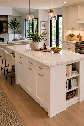 White Kitchen Island with Marble Top and Built-in Storage