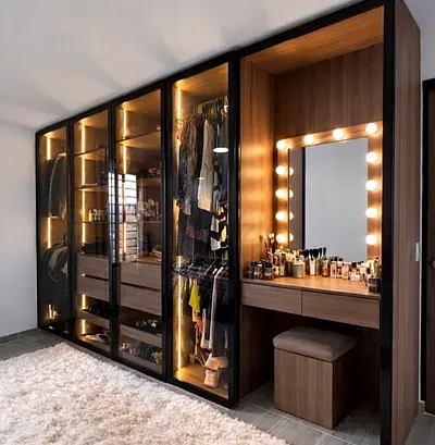 Custom Built-in Walk-in Wardrobe with Lighted Vanity