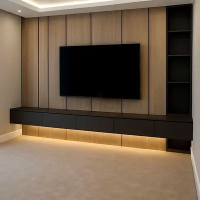 Wall-mounted TV Entertainment Unit with Floating Cabinets and Shelves