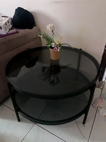 Round Glass Coffee Table with Black Metal Frame - Good Condition