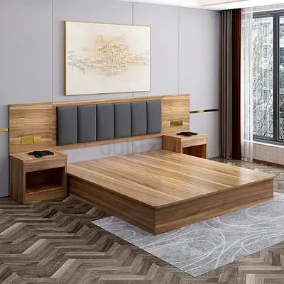 Modern low-profile wooden platform bed with attached nightstands