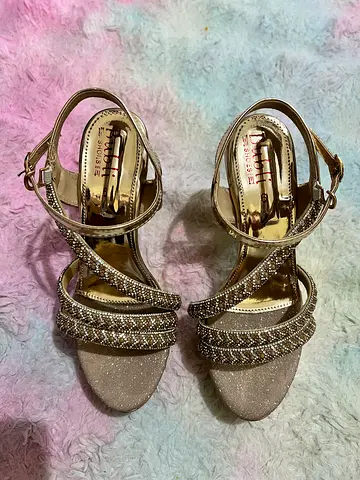 Gold sparkly women's strappy high heel sandals