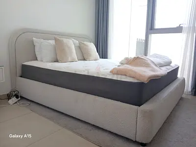 Beige Upholstered Double Bed Frame with Headboard - Good Condition