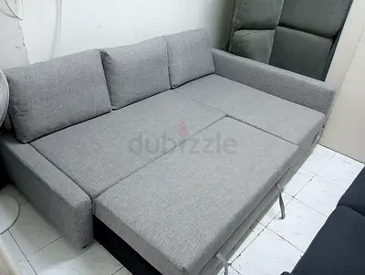 Light Grey Fabric Sofa Bed - Convertible 3-seater, Good Condition