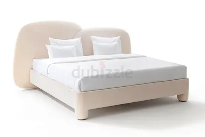 Beige Upholstered Double Bed Frame with Curved Headboard -