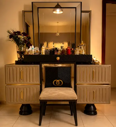 Vanity Dressing Table with Mirror and Stool - Elegant Gold & Black Finish