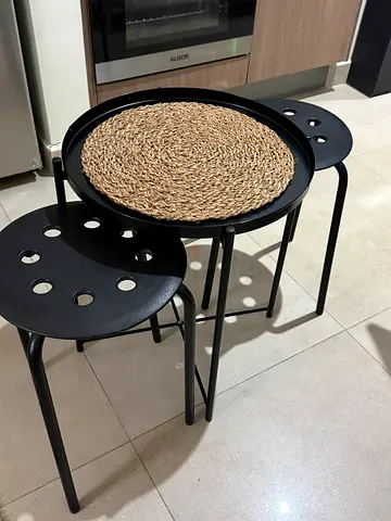 Black metal side table and two matching stools set