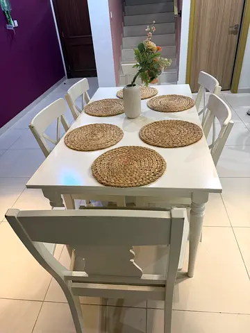 White wooden dining table with 4 chairs - good condition